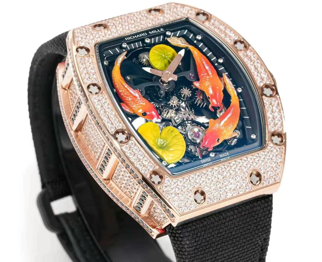 Richard Mille RM S10 Koi Tourbillon Rose Gold Diamond Case Black Nylon Strap Side Diamond Case Detail View