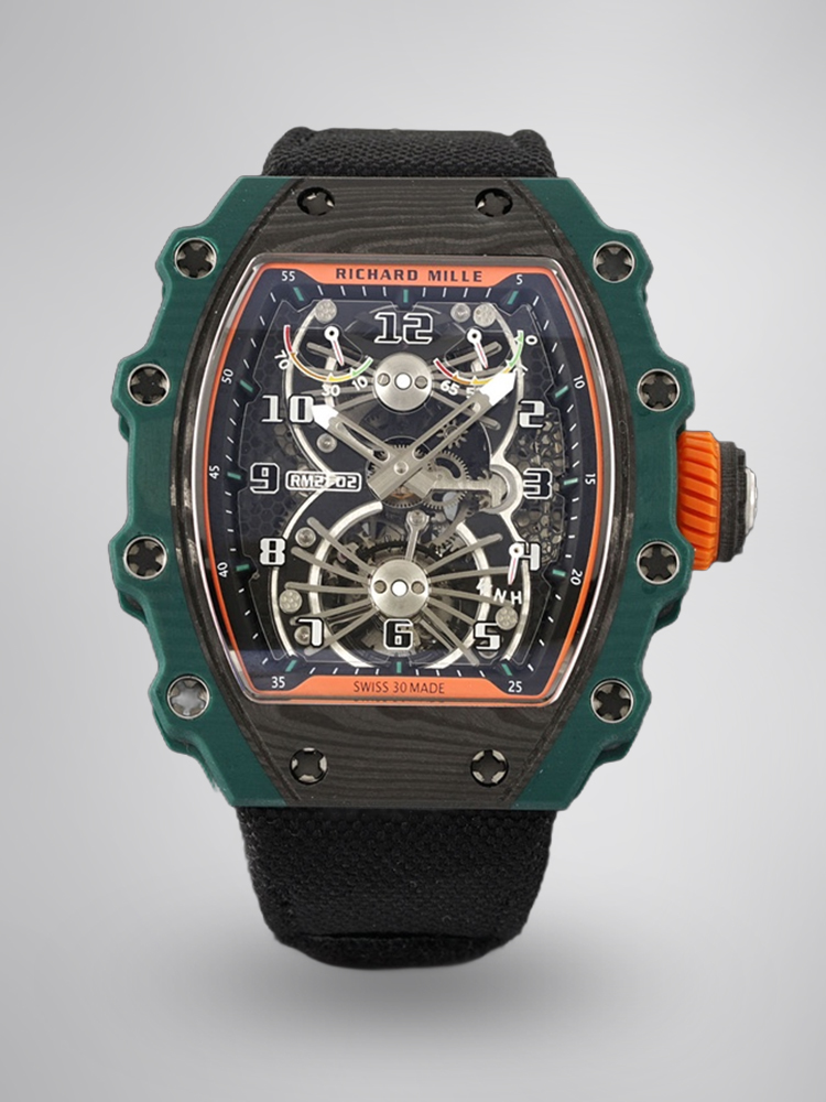 Richard Mille RM21-02 Tourbillon Aerodyne Green Carbon Case Skeleton Dial Black Fabric Strap Front View