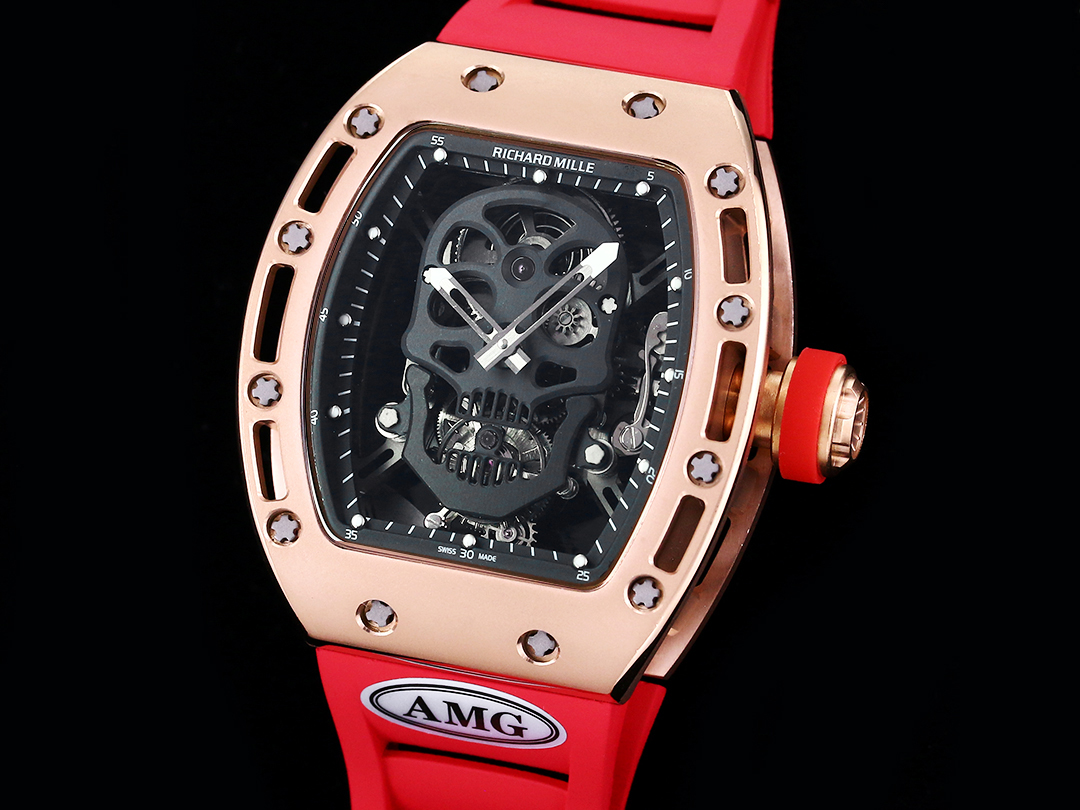 Richard Mille RM052 Collection RM052 Rose Gold Case with Red Rubber Strap Black Skull Skeleton Dial Angled Front View