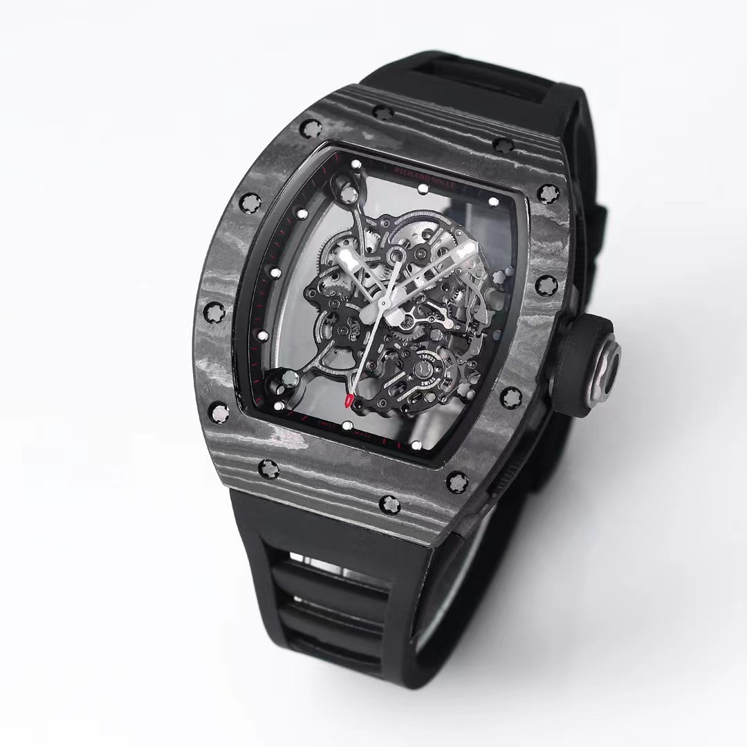 Richard Mille RM055 Carbon Fiber Black Case Black Rubber Strap Skeleton Dial Angled Front View
