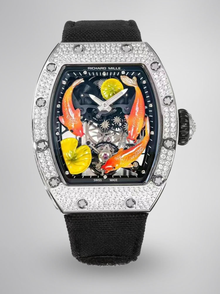 Richard Mille RM S10 Koi Tourbillon Stainless Steel Diamond Black Nylon Strap Front View