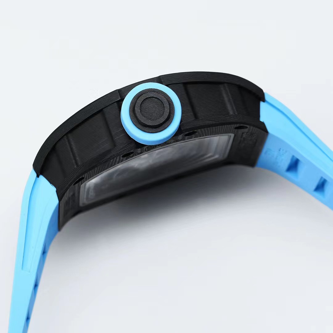 Richard Mille RM055 NTPT Carbon Black Case Light Blue Strap Crown Side Profile Detail View