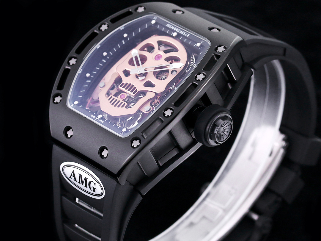 Richard Mille RM052 Skull Tourbillon 43mm Black Skeleton Dial Black Rubber Strap Crown Detail View