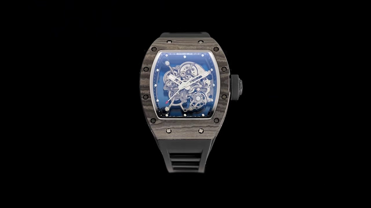 Richard Mille RM55 Skeleton Tourbillon Carbon Fiber Case Blue Dial Black Strap Sport Watch Front View Black Background