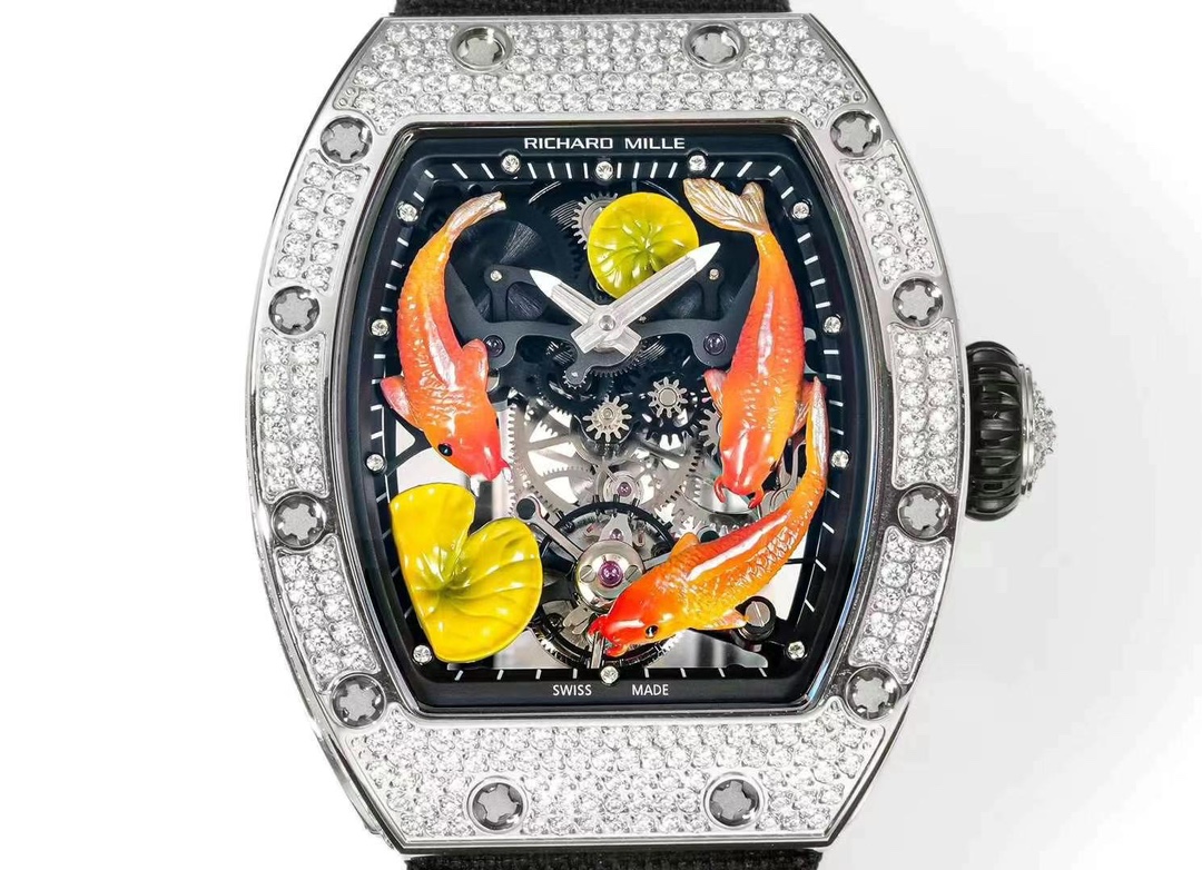 Richard Mille RM S10 Koi Tourbillon Stainless Steel Diamond Skeleton Dial Close-Up Detail