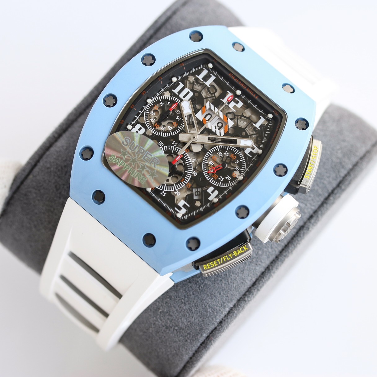 Richard Mille RM Series RM11-03 blue case white rubber strap angled dial detail view