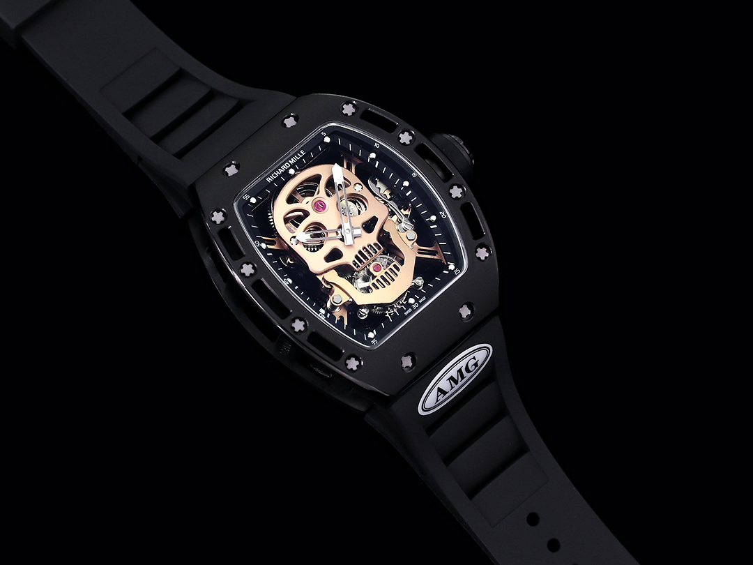 Richard Mille RM052 Skull Tourbillon 43mm Black Skeleton Dial Black Rubber Strap Full Watch Perspective View