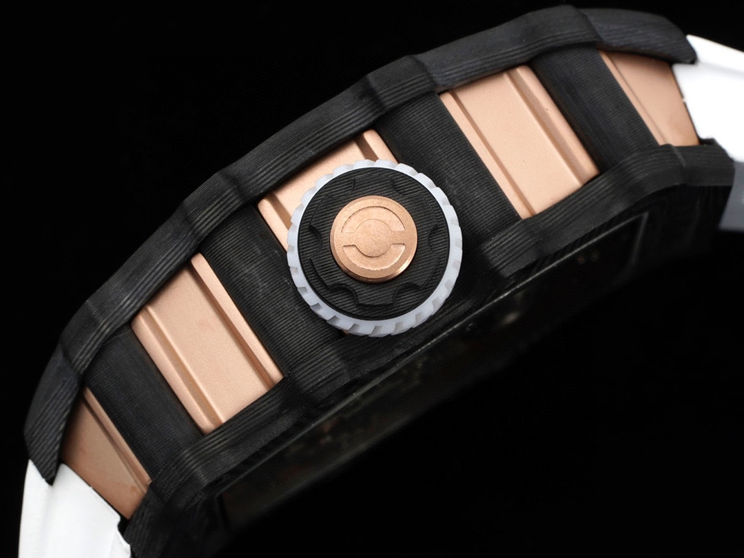 Richard Mille RM21-01 Aerodynamic Tourbillon Carbon Rose Gold Skeleton White Rubber Strap Side Crown Detail