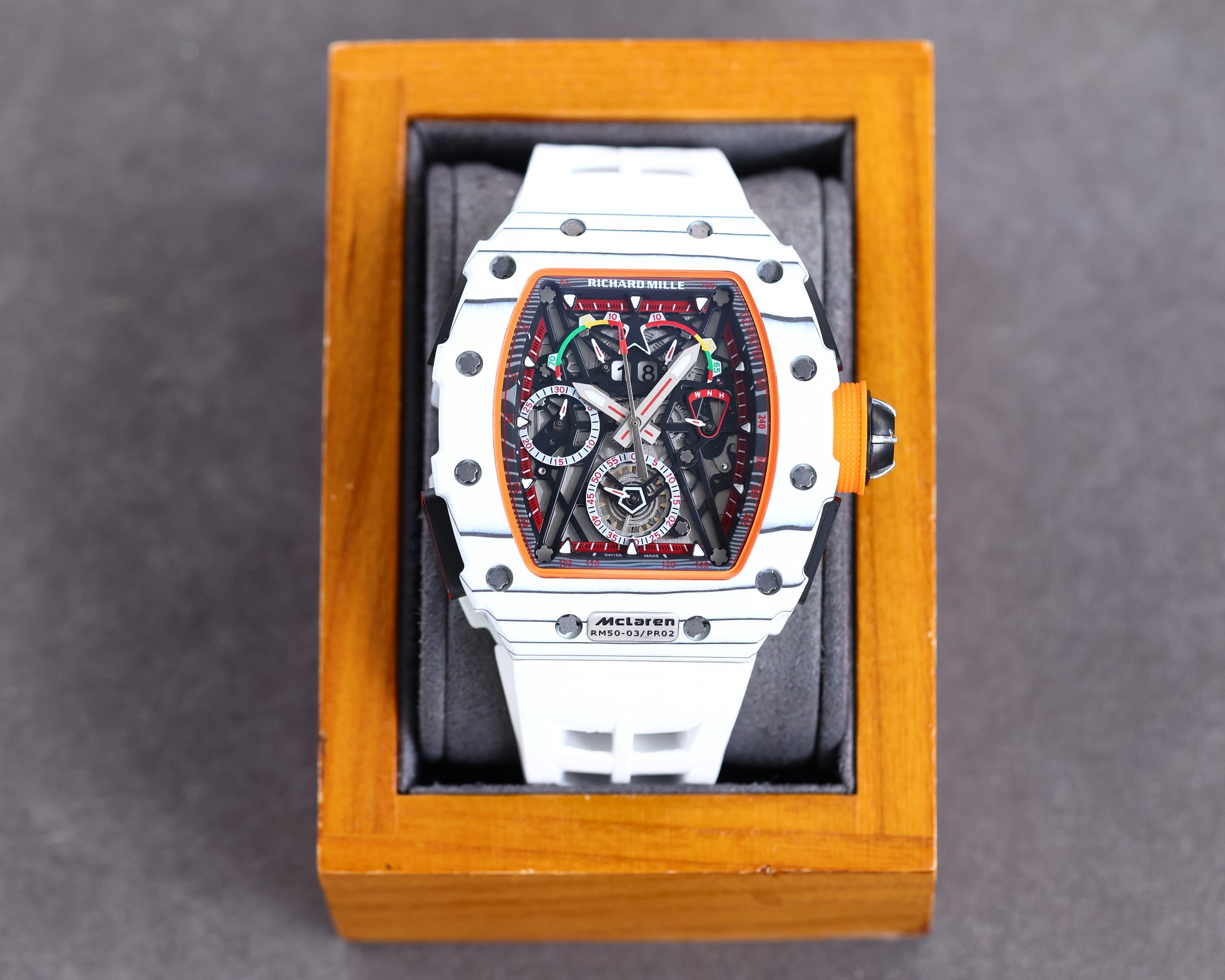 Richard Mille RM50-03 McLaren White Carbon Fiber Case White Strap Skeleton Dial Front View in Box
