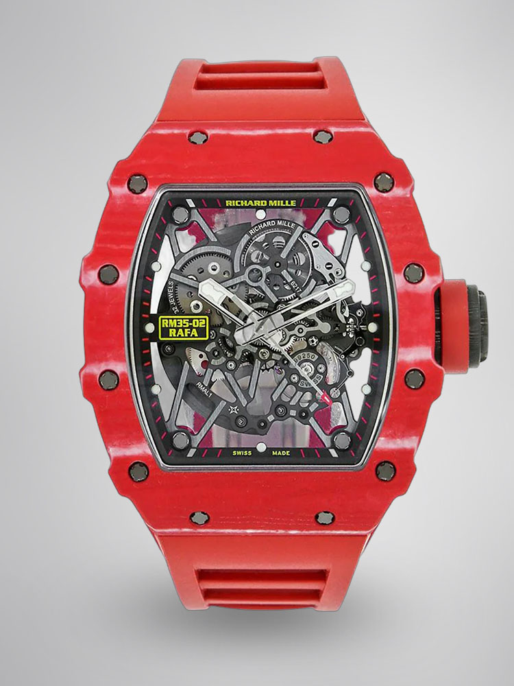 Richard Mille RM35-02 red luxury watch skeleton dial close-up front detail view