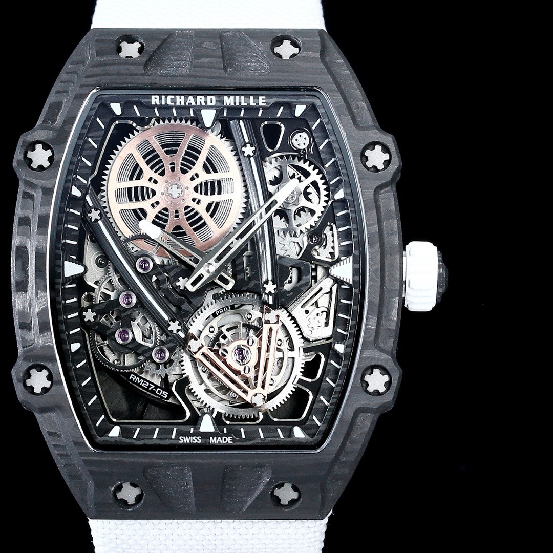 Richard Mille RM27-05 black carbon fiber case white strap flying tourbillon watch movement detail view