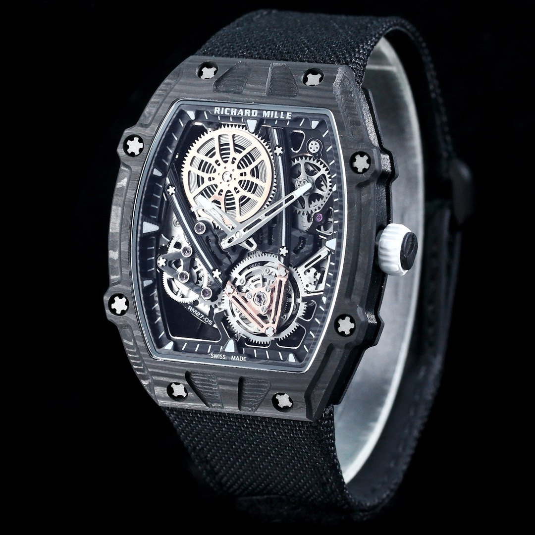 Richard Mille RM Series RM27-05 black carbon fiber case black fabric strap flying tourbillon watch angled front side view