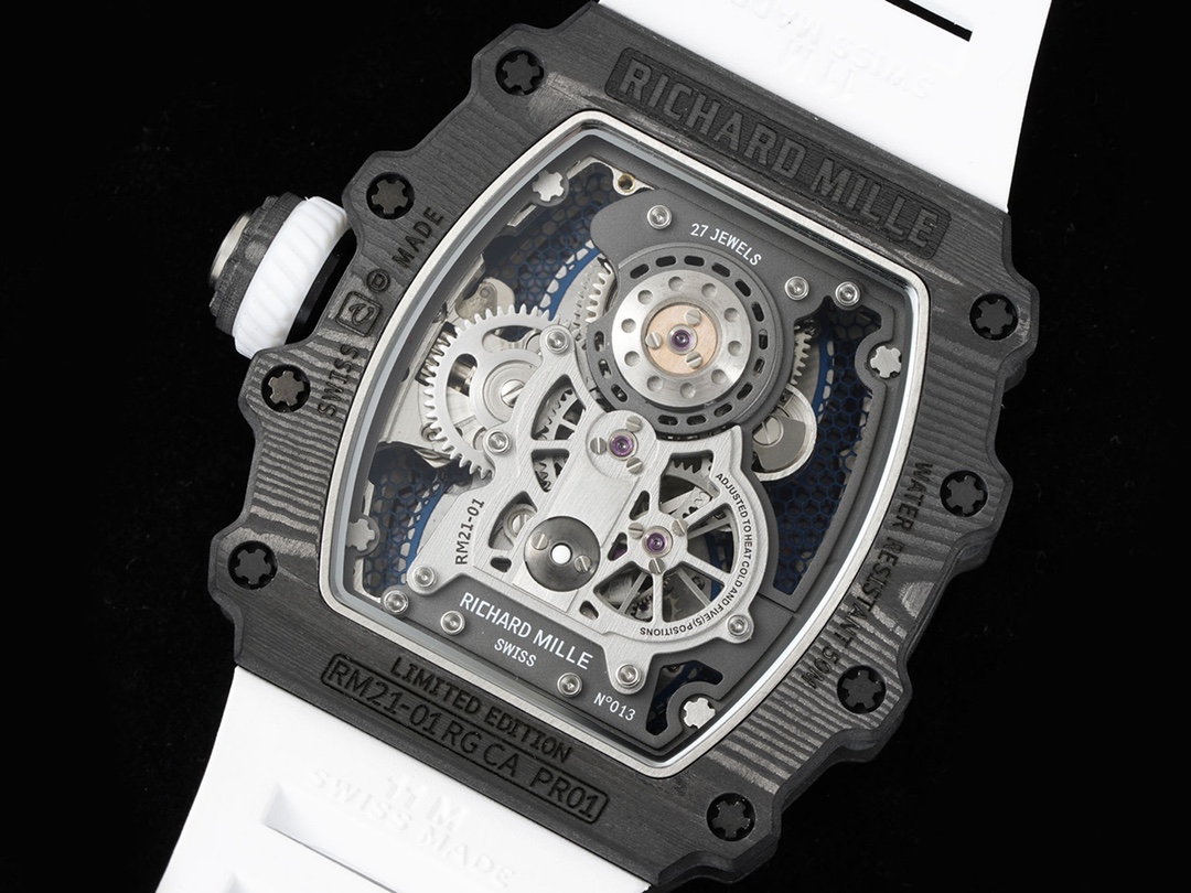 Richard Mille RM 21-01 Aerodyne Tourbillon Replica White Rubber Strap White Black Case Caseback Movement View
