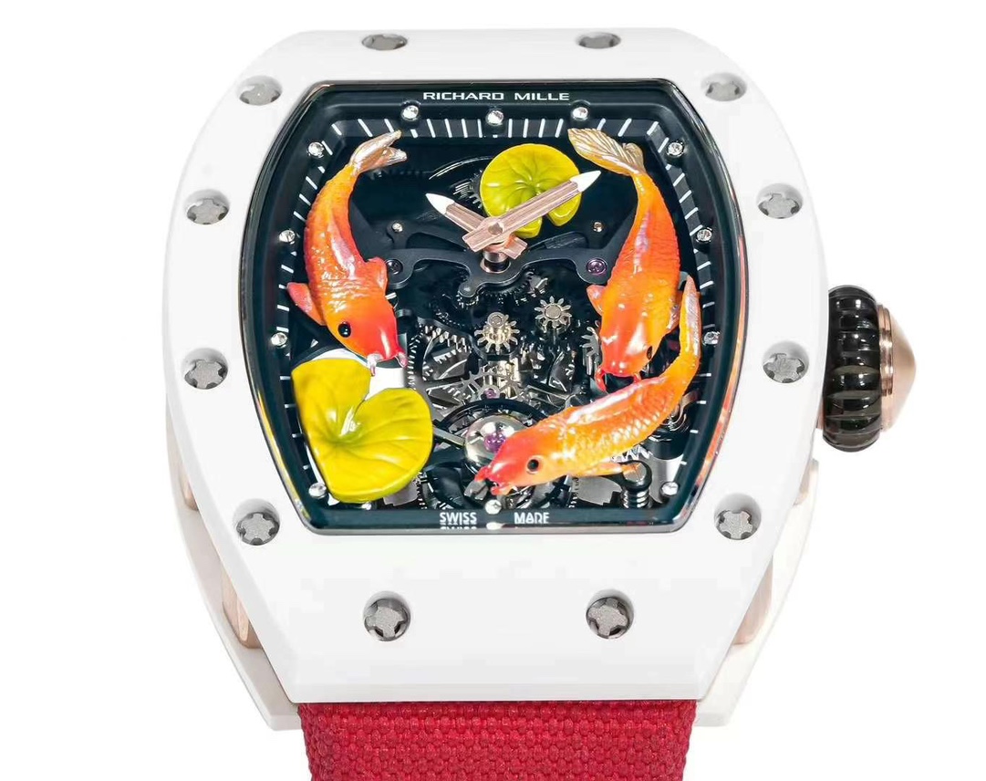 Richard Mille RM S10 Koi Tourbillon Red Nylon Strap White Ceramic Case Dial Close Up View