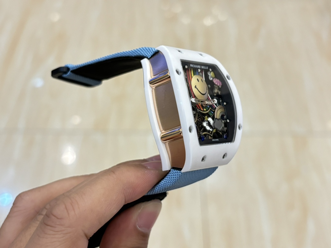 Richard Mille RM88 Smiley Tourbillon White Blue Angled Side View Case Thickness Detail Luxury Watch