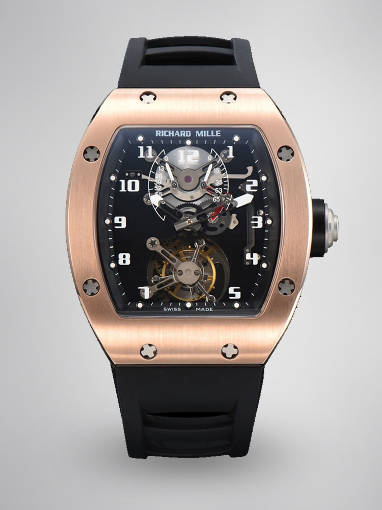 Richard Mille RM001 Rose Gold Case Black Strap Tourbillon Dial Front View