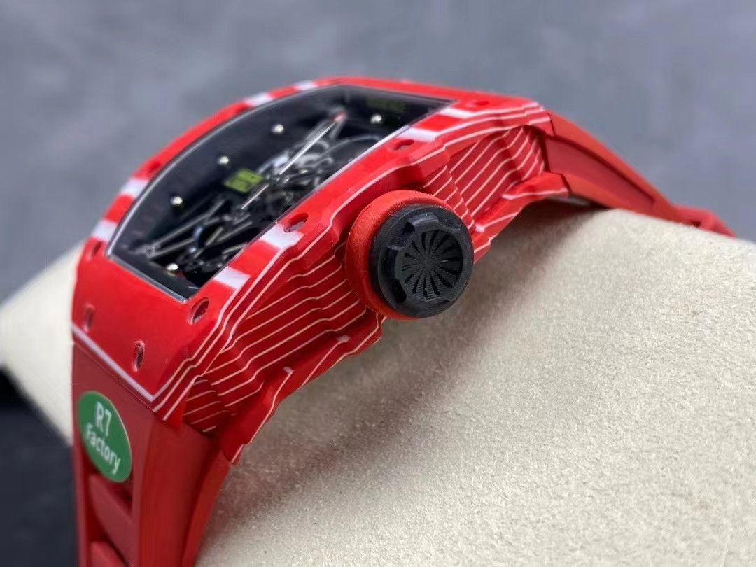 Richard Mille RM Series RM35-02 red carbon fiber case with red rubber strap side detail view