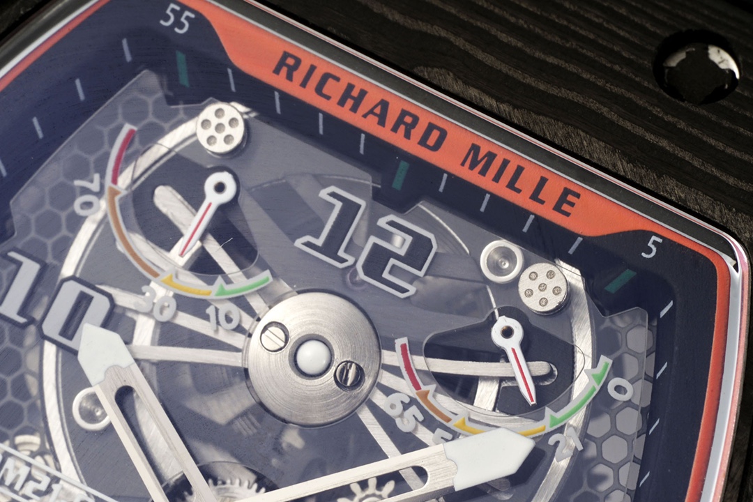 Richard Mille Aerodyne Collection RM21-02 Green Orange Detail View Dial Power Reserve and Indicator Close Up