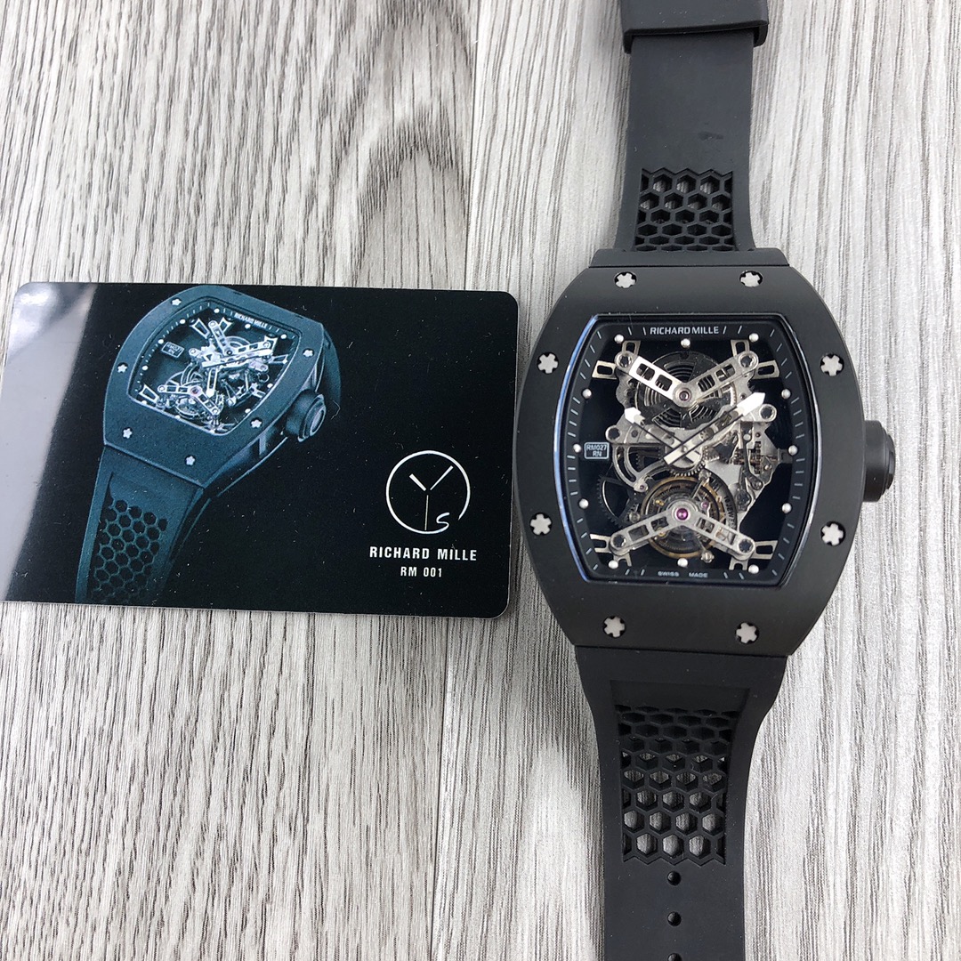 Replica Richard Mille RM 027 Tourbillon Watch Black Titanium Case Black Rubber Strap Skeleton Dial Front Full View