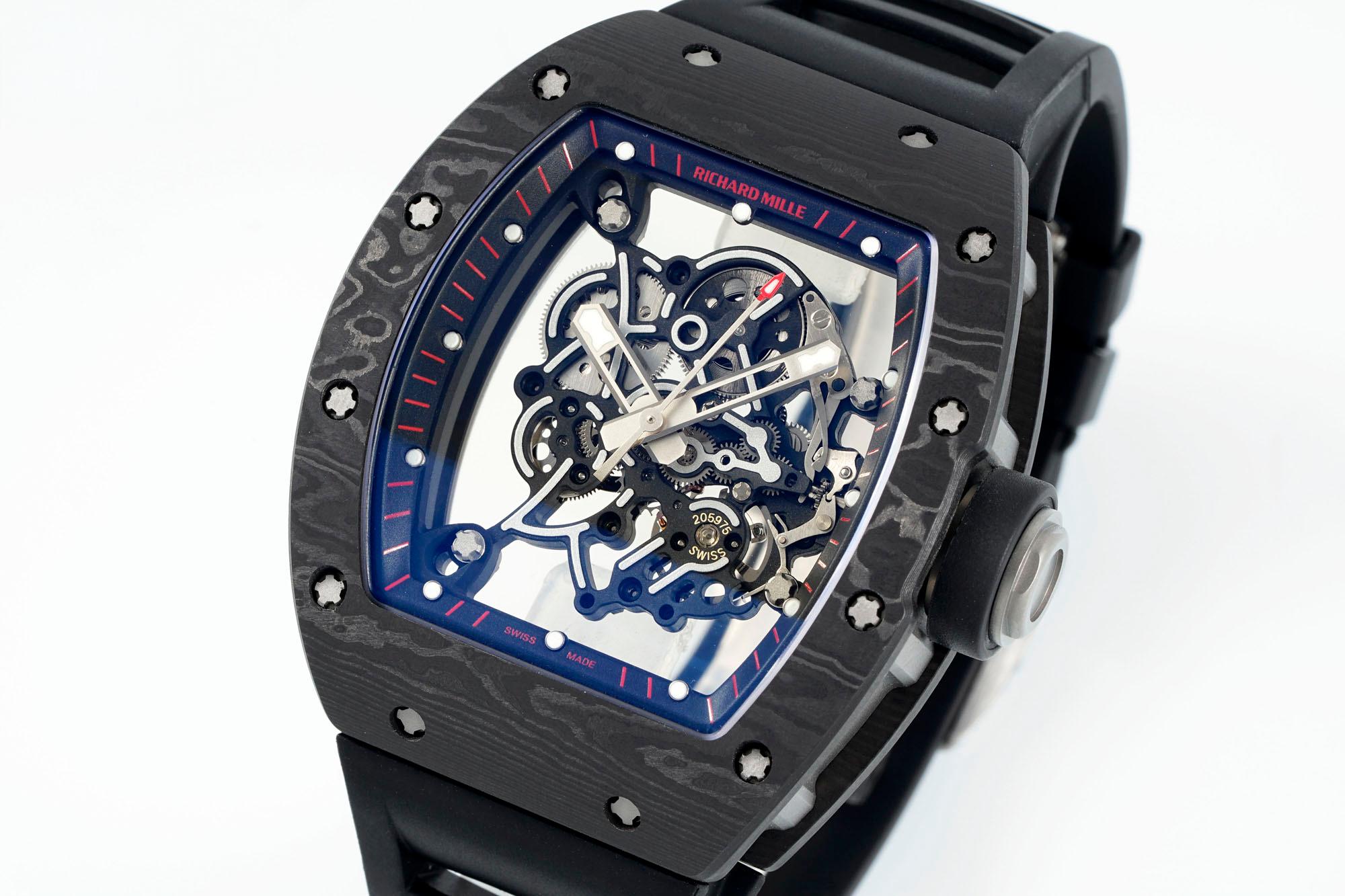 Richard Mille RM055 Skeleton Watch Black Carbon Fiber Black Rubber Strap Angled View