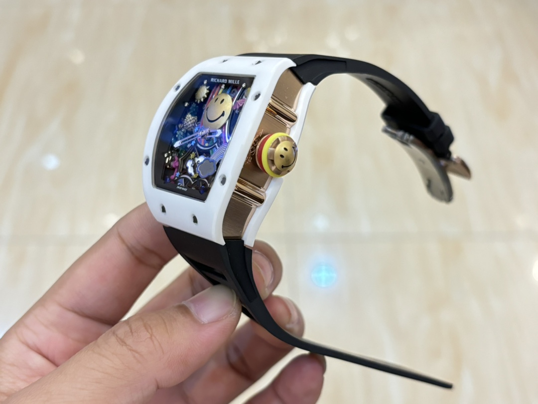 Richard Mille RM88 Smiley V2 White Ceramic Black Rubber Strap Side Profile Crown Detail Handheld