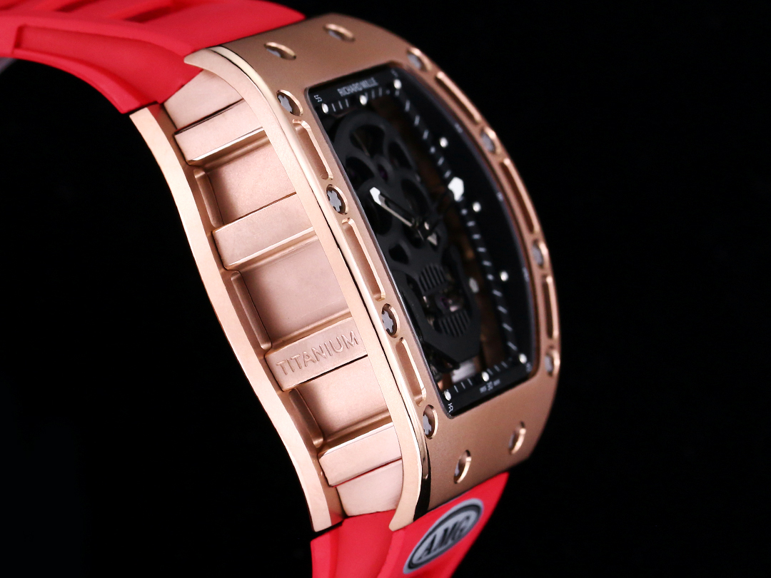 Richard Mille RM052 Collection RM052 Rose Gold Case with Red Rubber Strap Titanium Mid-Case Structure Side Detail View