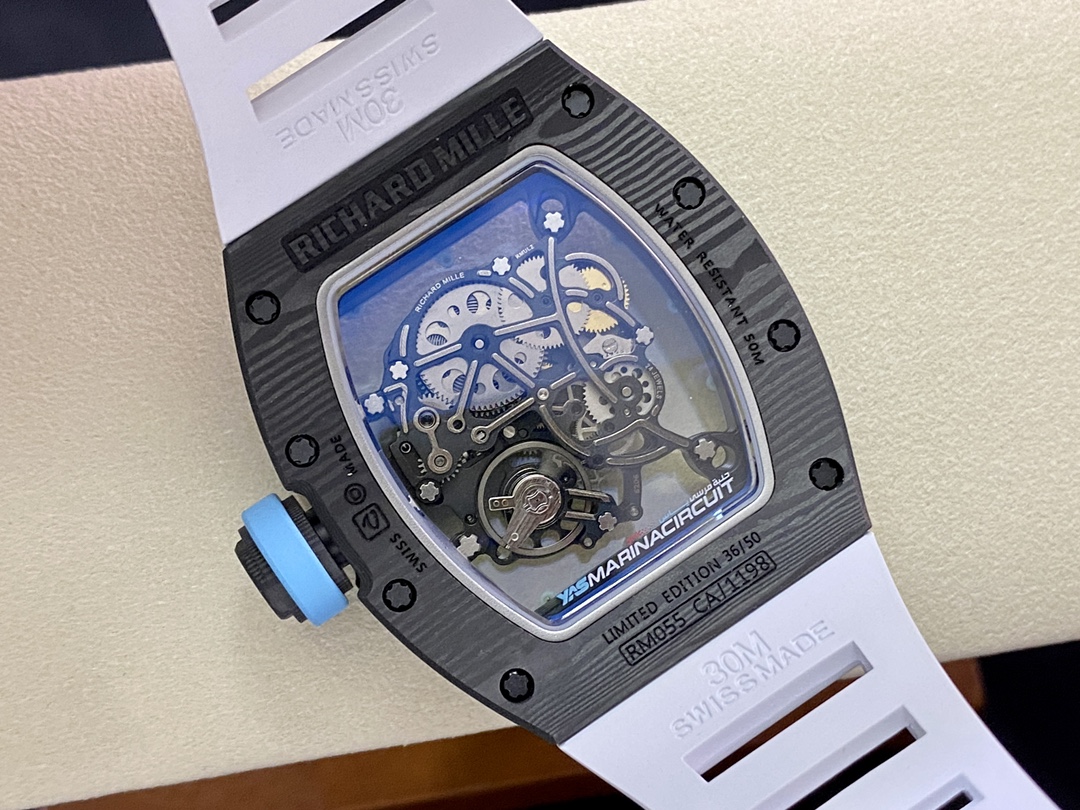 Richard Mille RM055 Yas Marina Abu Dhabi Limited Edition carbon fiber case blue bezel white strap caseback movement detail view