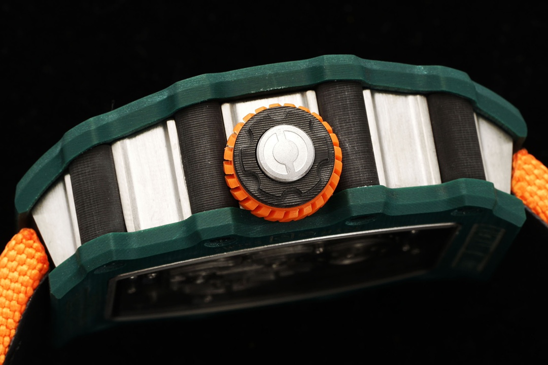 Richard Mille Aerodyne Collection RM21-02 Green Orange Detail View Case Structure and Crown Close Up