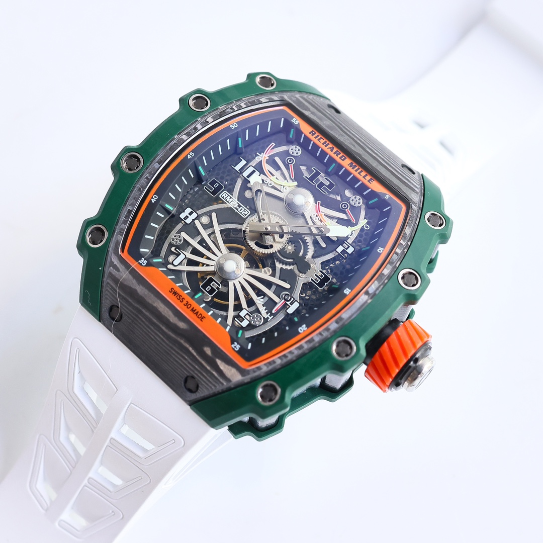 Richard Mille RM21-02 Tourbillon Aerodyne Carbon Fiber Green Bezel Front Angle View