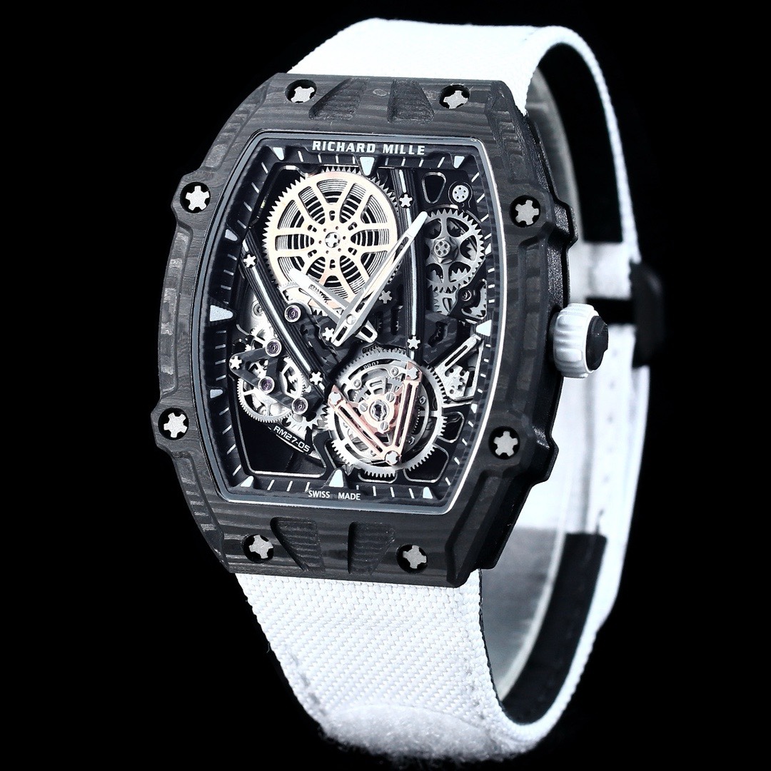 Richard Mille RM27-05 black carbon fiber case white strap flying tourbillon watch angled front side view