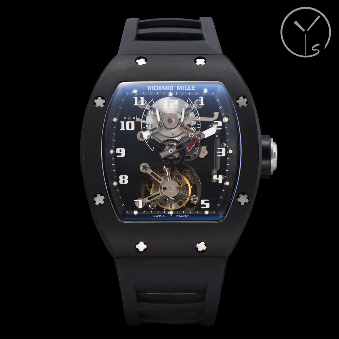 Richard Mille RM001 Tourbillon Black Case Skeleton Dial Front Detail