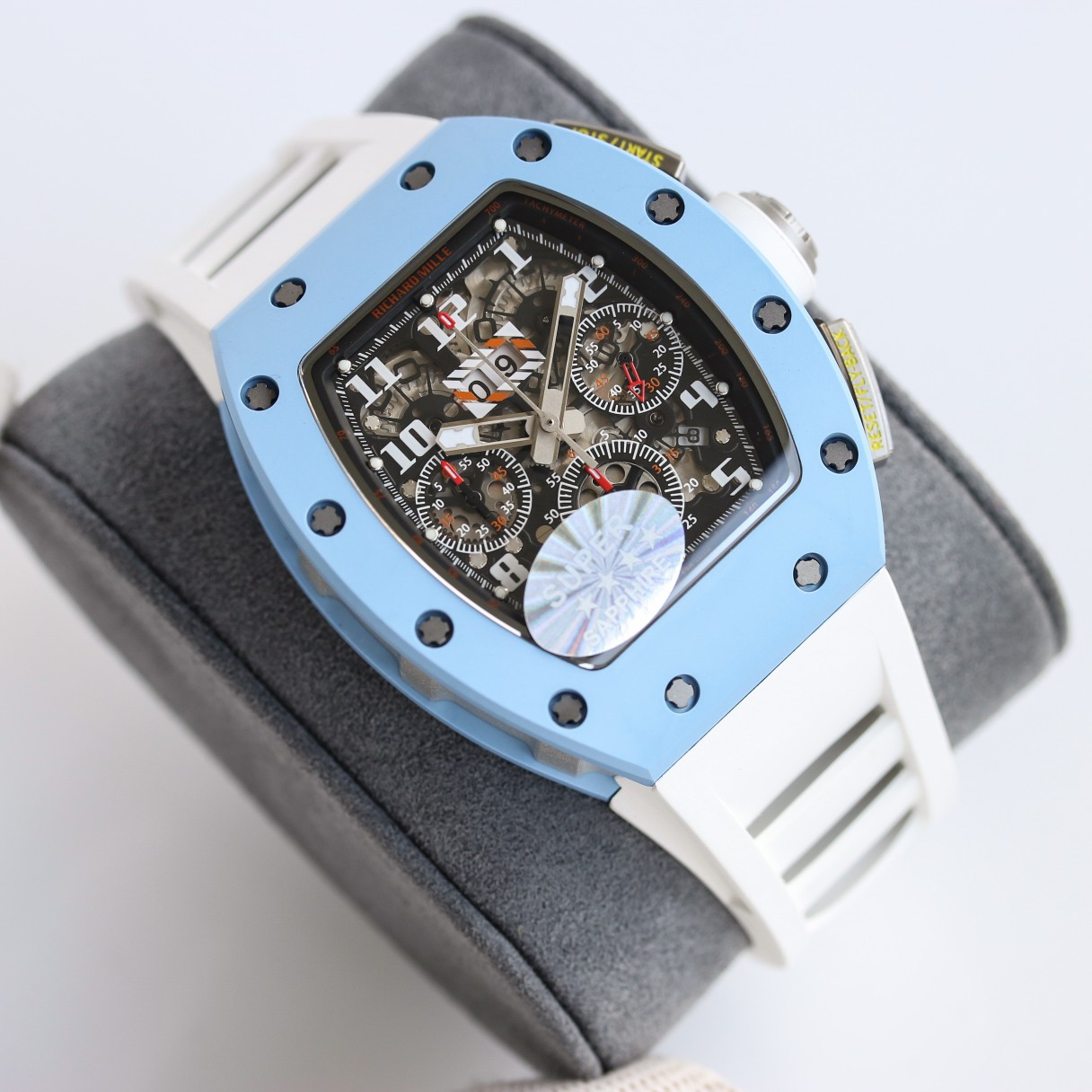 Richard Mille RM Series RM11-03 blue case white rubber strap angled front detail view