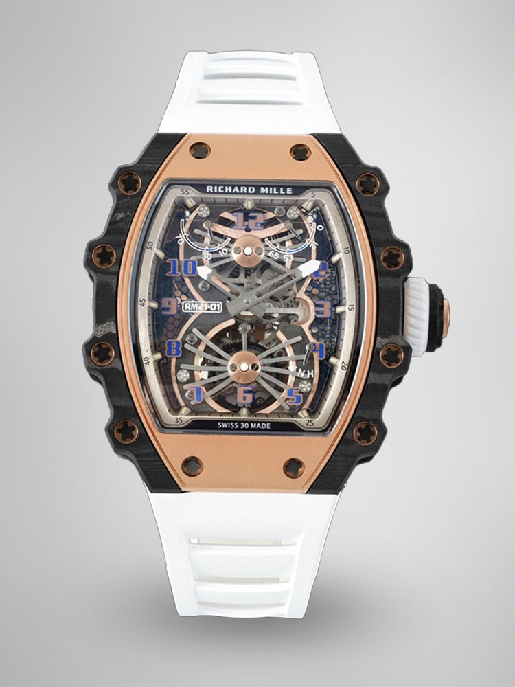 Richard Mille RM21-01 Aerodynamic Tourbillon Carbon Rose Gold Skeleton White Rubber Strap Front View
