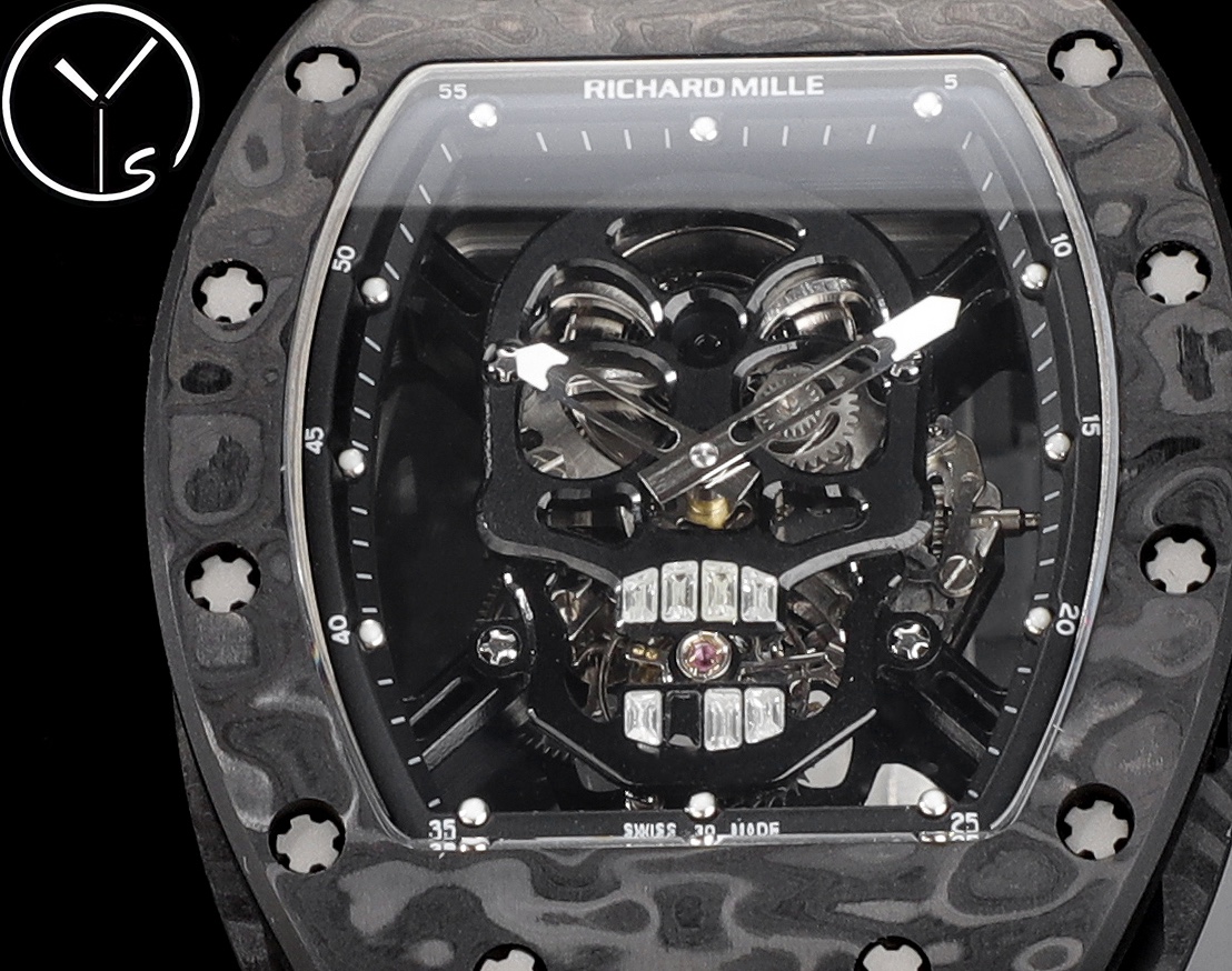 Richard Mille RM Series RM 52-01 carbon fiber camouflage case black rubber strap skull tourbillon dial movement detail view