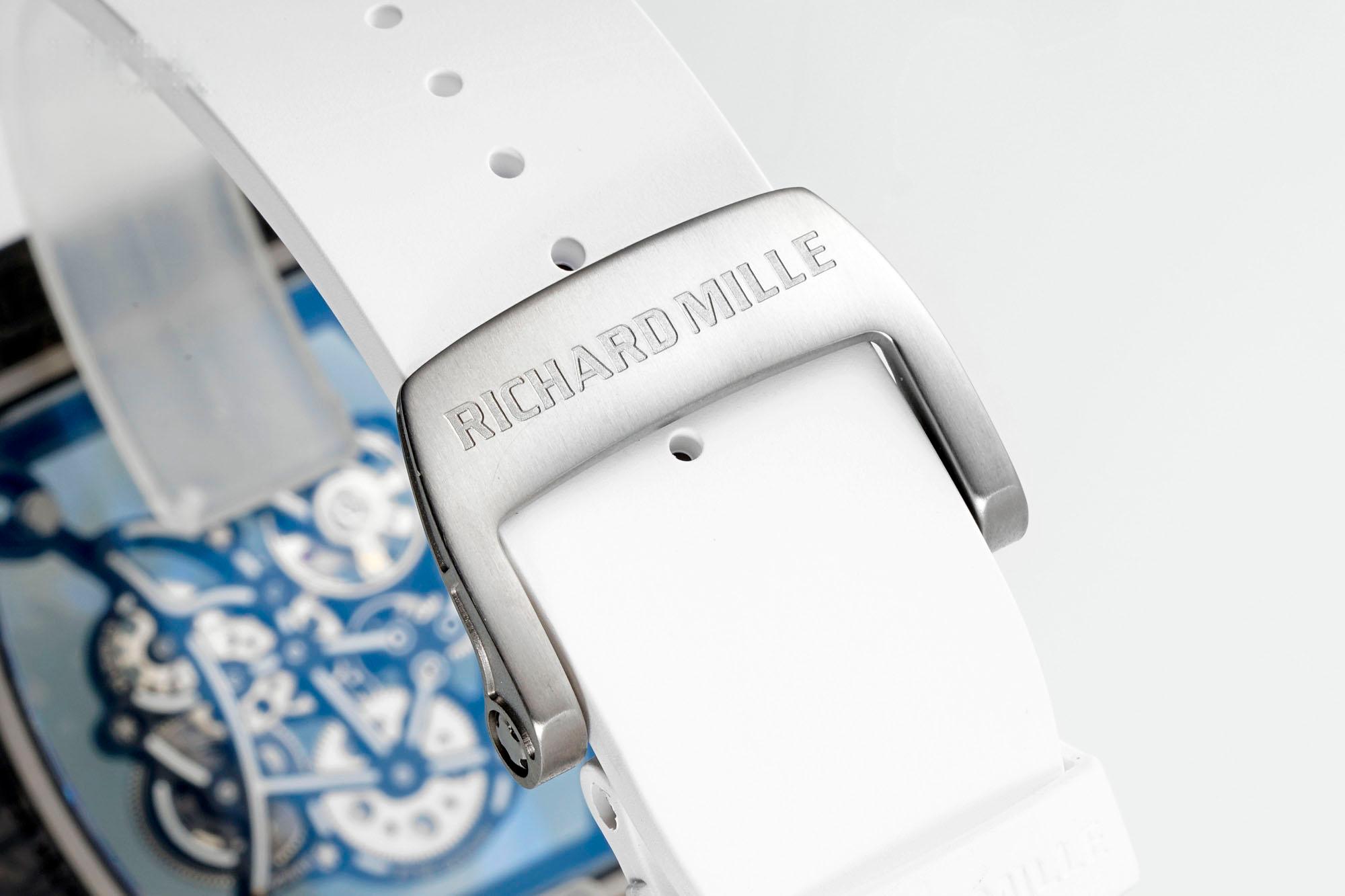 Richard Mille RM055 Carbon Fiber White Rubber Strap Buckle Detail View Skeleton Watch