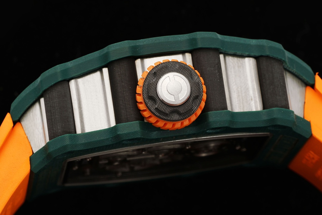 Richard Mille RM21-02 Tourbillon Aerodyne Green Quartz TPT Orange Rubber Strap Crown Detail