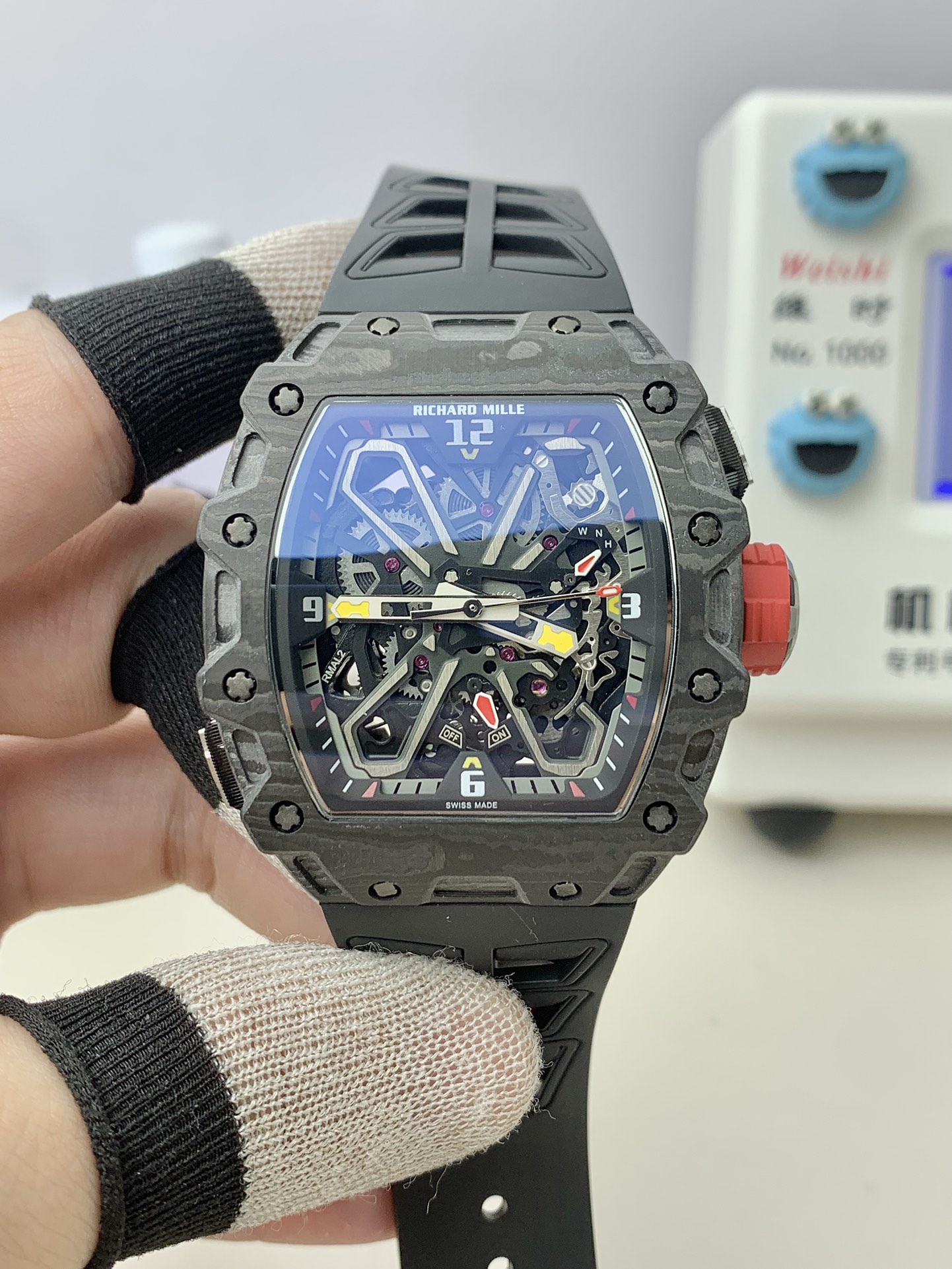 Richard Mille RM35 Series RM35-03 Black Carbon Fiber Skeleton Watch Front Detail Close-up View Luxury Automatic Watch