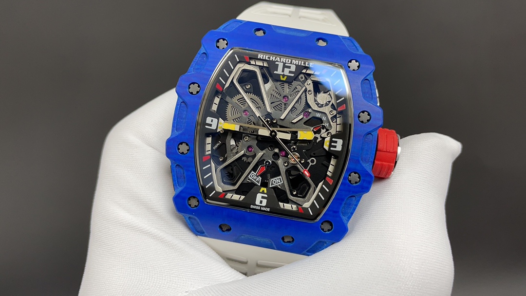 Richard Mille RM Series RM35-03 blue quartz fiber case white rubber strap skeleton movement front detail view