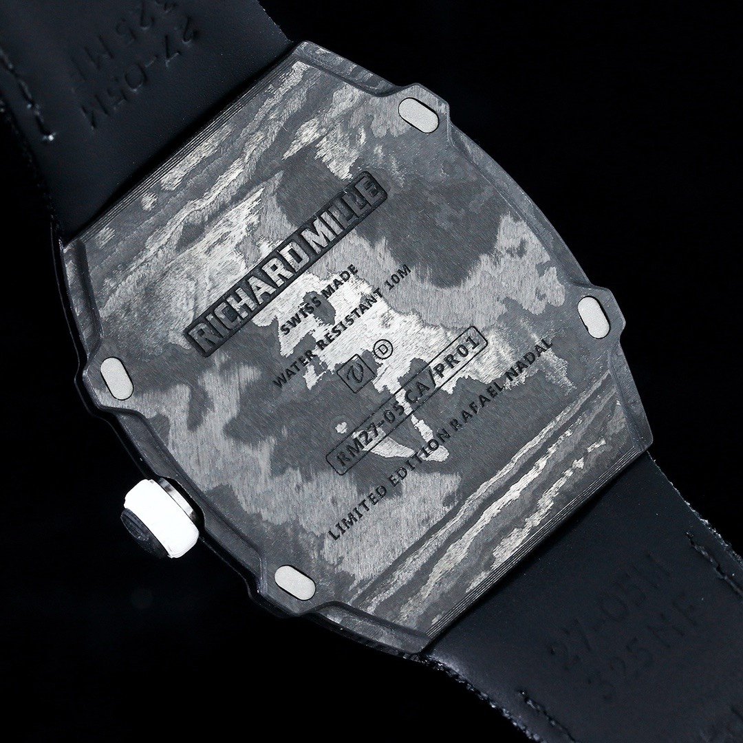 Richard Mille RM Series RM27-05 black carbon fiber case black strap flying tourbillon watch caseback engraving detail view