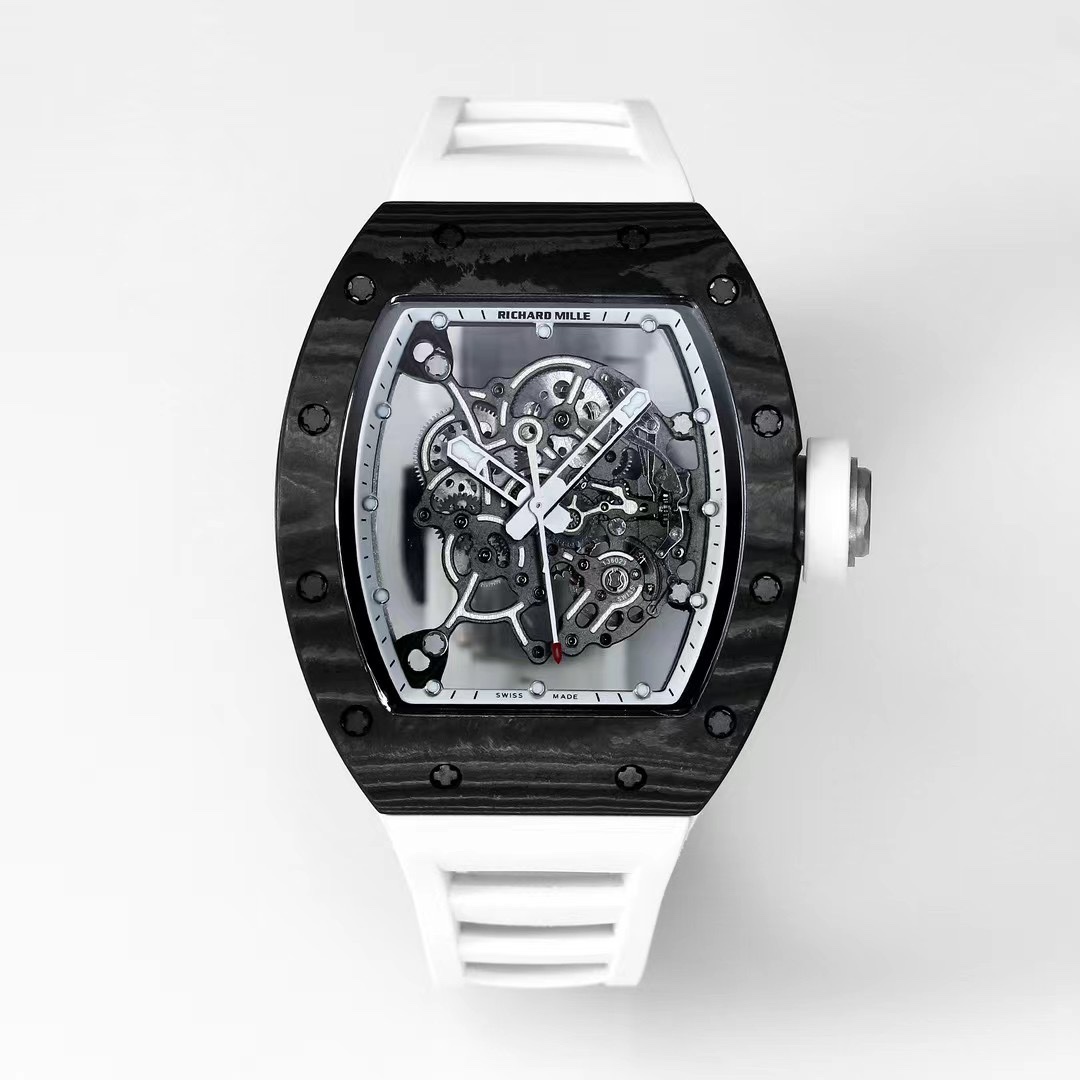 Richard Mille RM055 NTPT Carbon Case White Rubber Strap Skeleton Dial Close-Up Front View