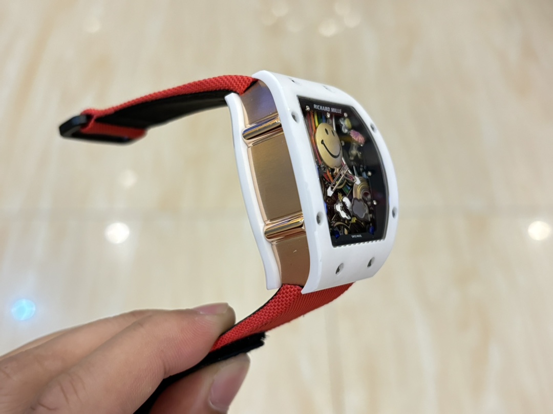 Richard Mille RM88 Smiley White Case Skeleton Dial Red Black Nylon Strap Case Side View