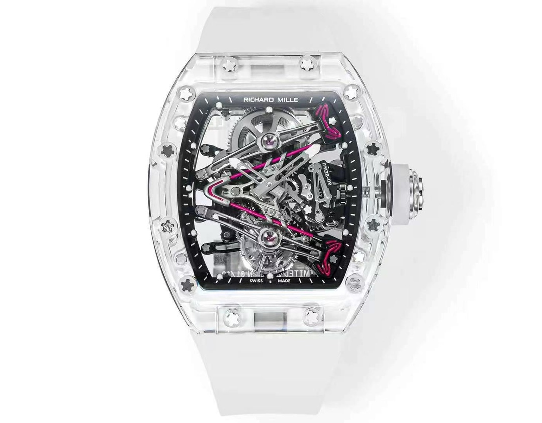 Richard Mille RM 38-02 Crystal Pink Skeleton Tourbillon Watch Front View Transparent Case Mechanical Movement Detail