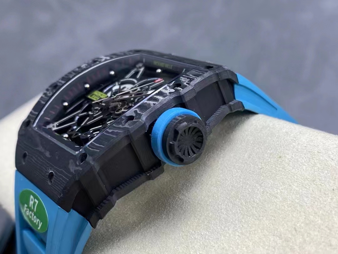 Richard Mille RM Series RM35-02 black NTPT carbon fiber case with blue rubber strap side detail view