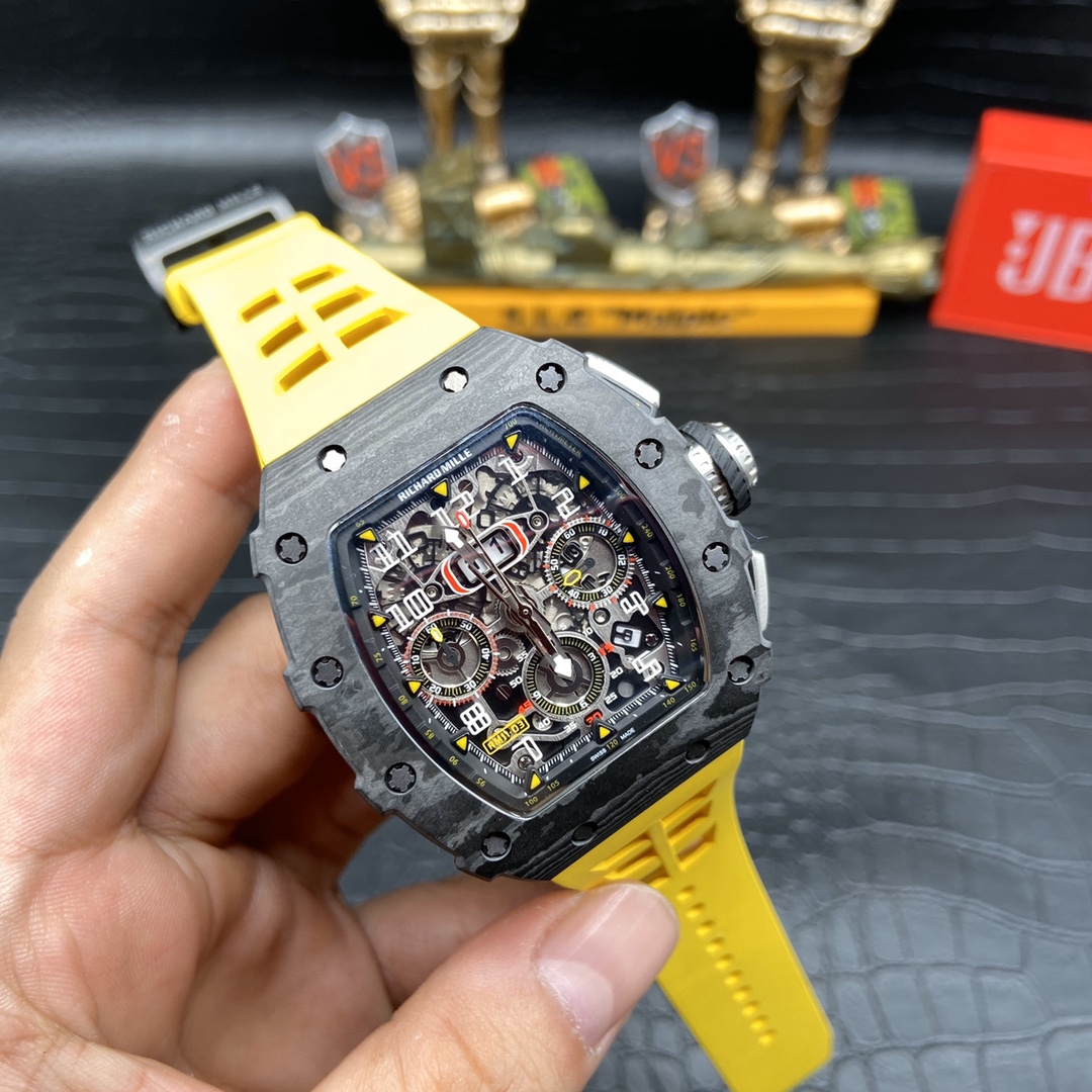 Richard Mille RM 011 Skeleton Dial Black Carbon Fiber Case Yellow Rubber Strap Angled Front View