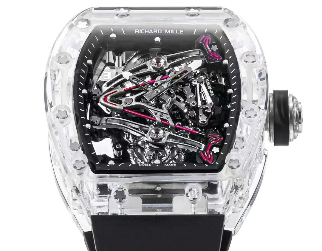 Richard Mille RM Series RM 38-02 transparent sapphire case black rubber strap skeleton dial front detail view