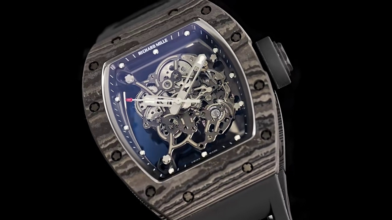 Richard Mille RM55 Skeleton Tourbillon Carbon Fiber Case Blue Dial Black Strap Sport Watch Angled Side View