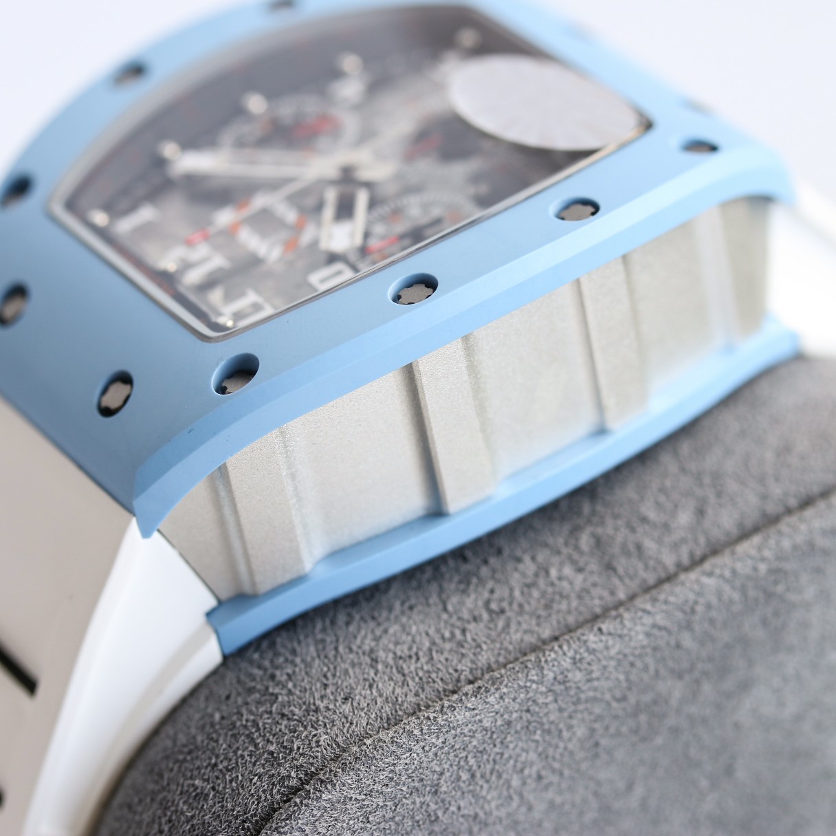Richard Mille RM Series RM11-03 blue case white rubber strap side detail view