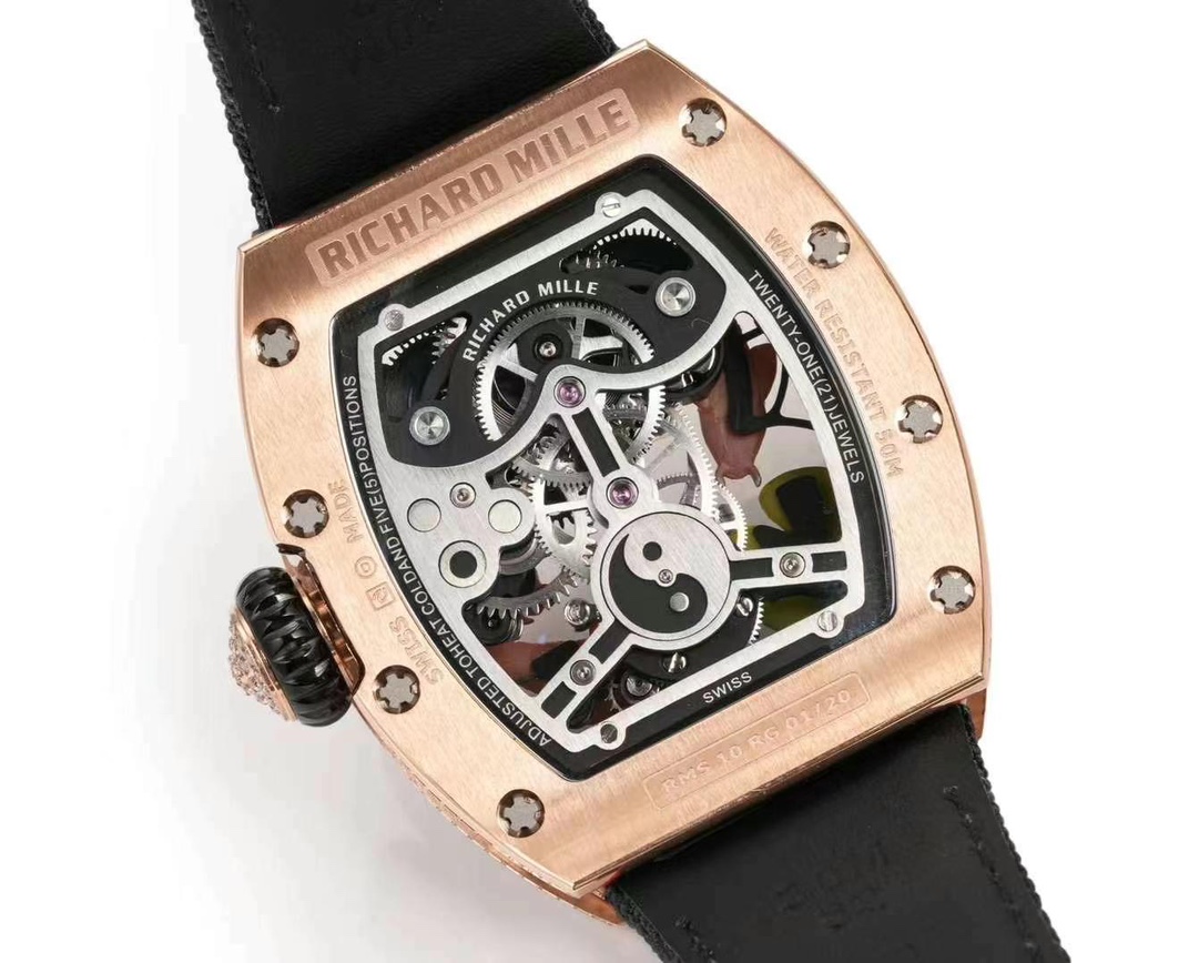 Richard Mille RM S10 Koi Tourbillon Rose Gold Diamond Case Black Nylon Strap Movement Detail Close View