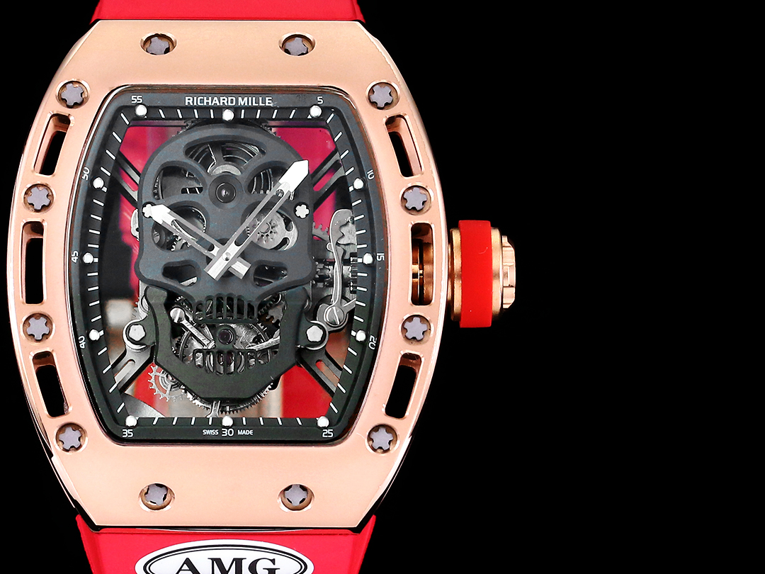 Richard Mille RM052 Collection RM052 Rose Gold Case with Red Rubber Strap Black Skull Skeleton Dial Front View