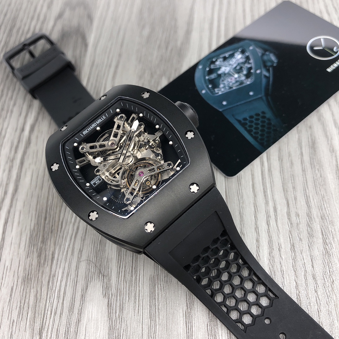 Replica Richard Mille RM 027 Tourbillon Watch Black Titanium Case Black Rubber Strap Skeleton Dial Angle Detail View